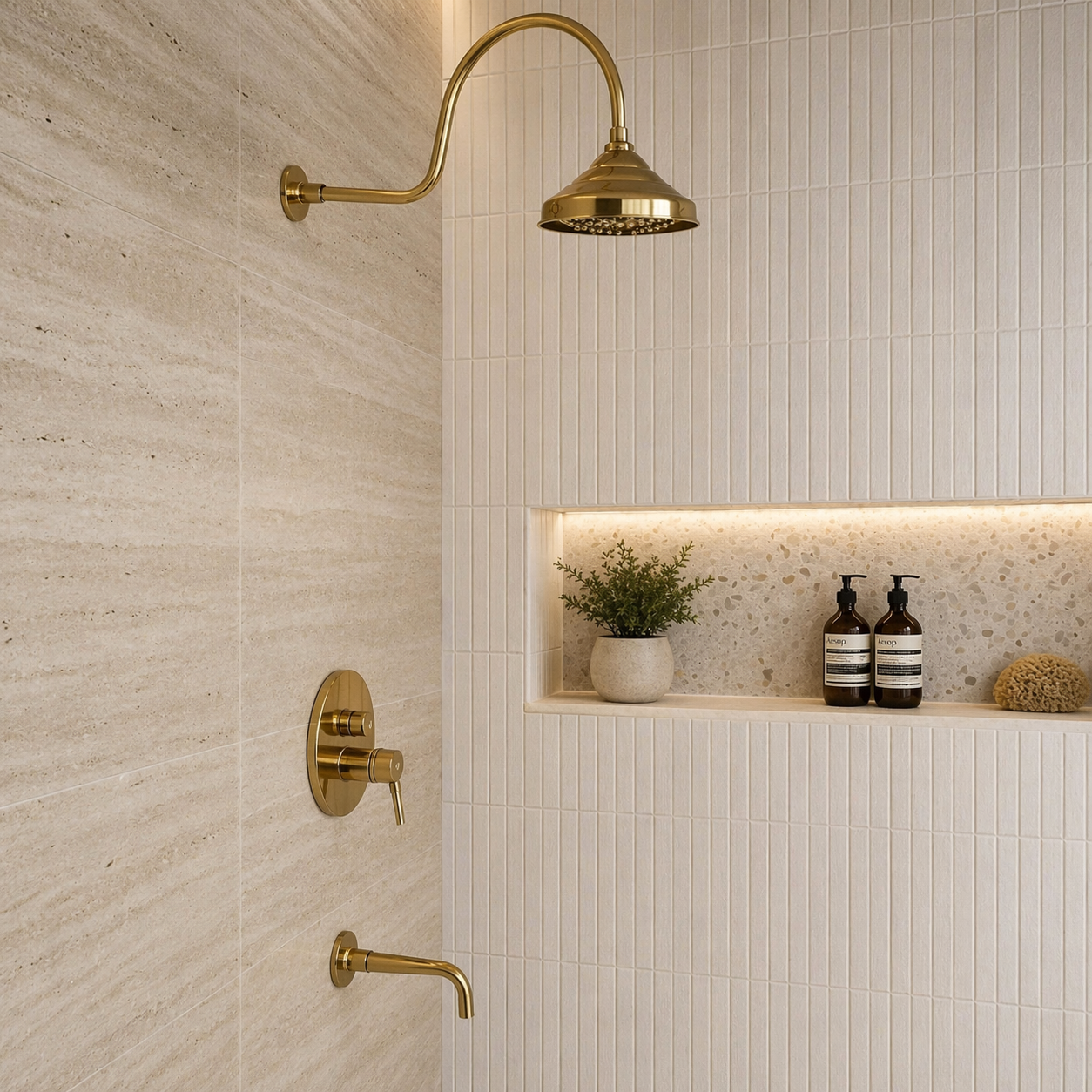 Unlacquered Brass Concealed Shower System with Tub Filler and Round Rain Shower Head