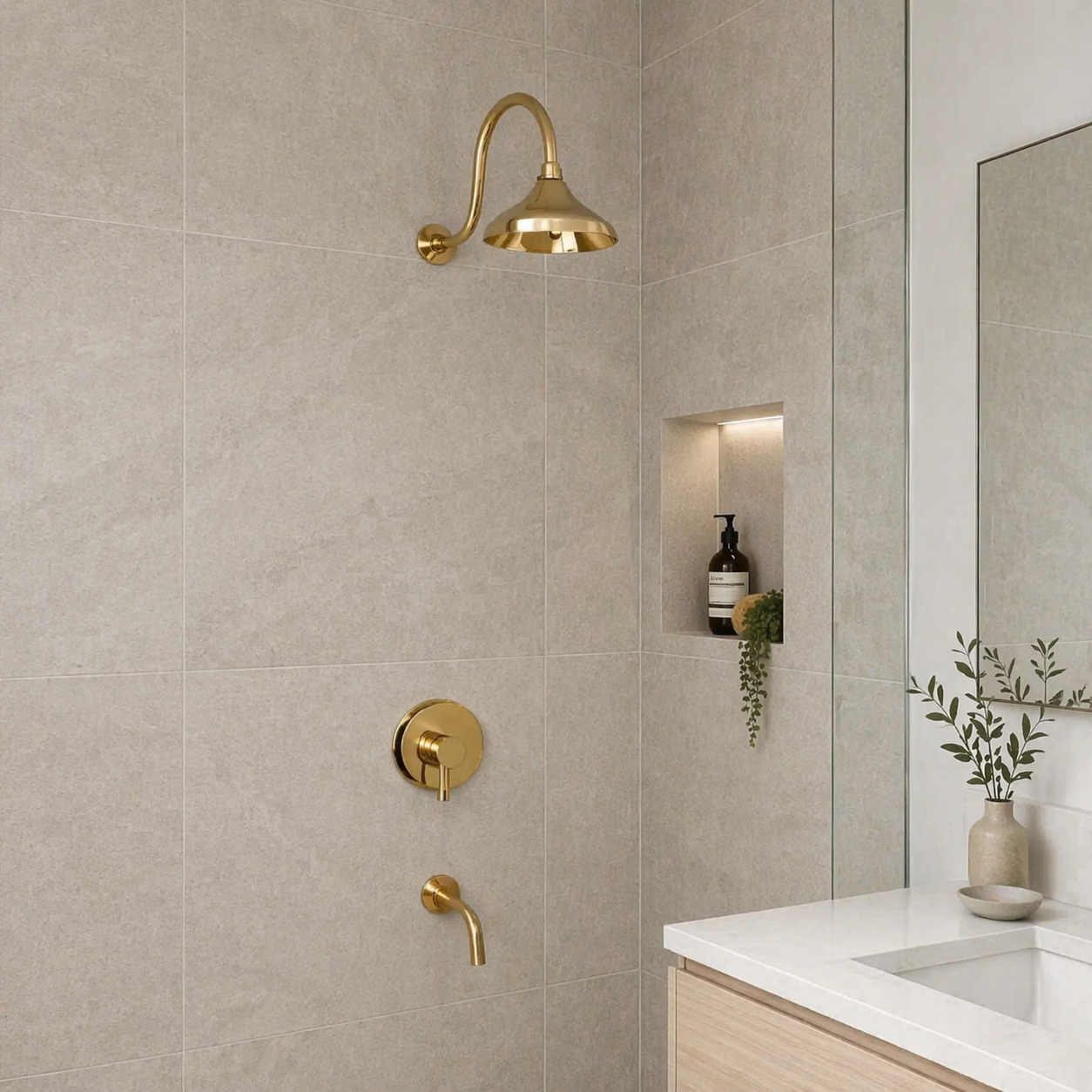 Unlacquered Brass Concealed Shower System Wall Mounted Solid Brass Rain Shower