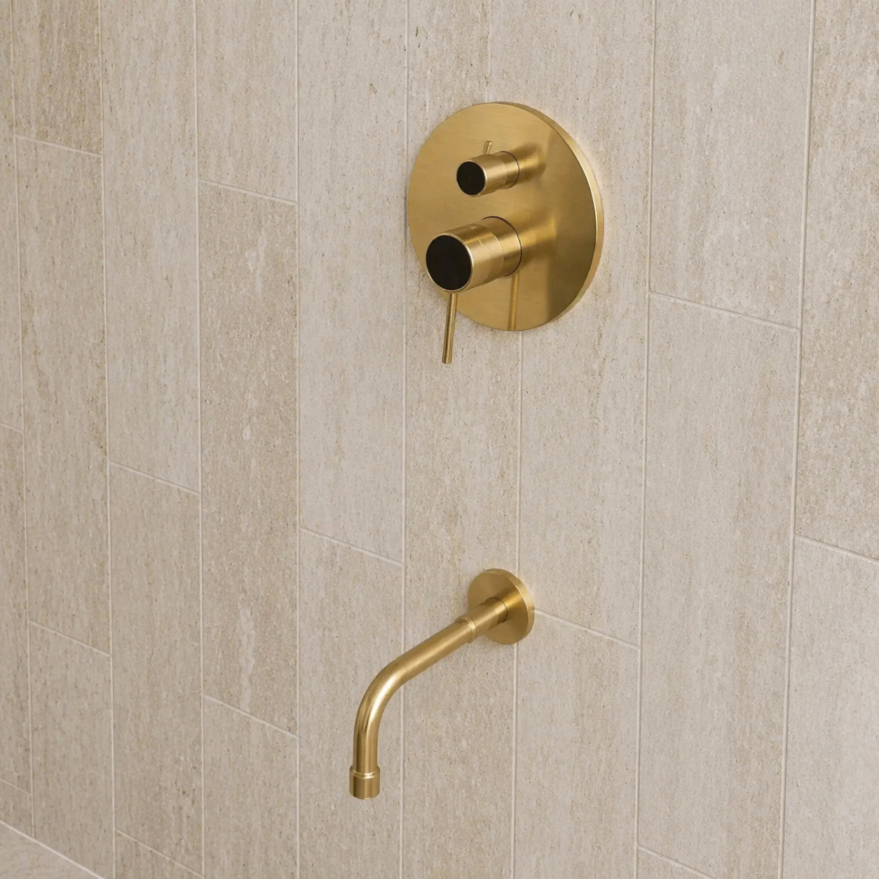 Unlacquered Brass Concealed Shower System with Curved Shower Arm and Tub Filler