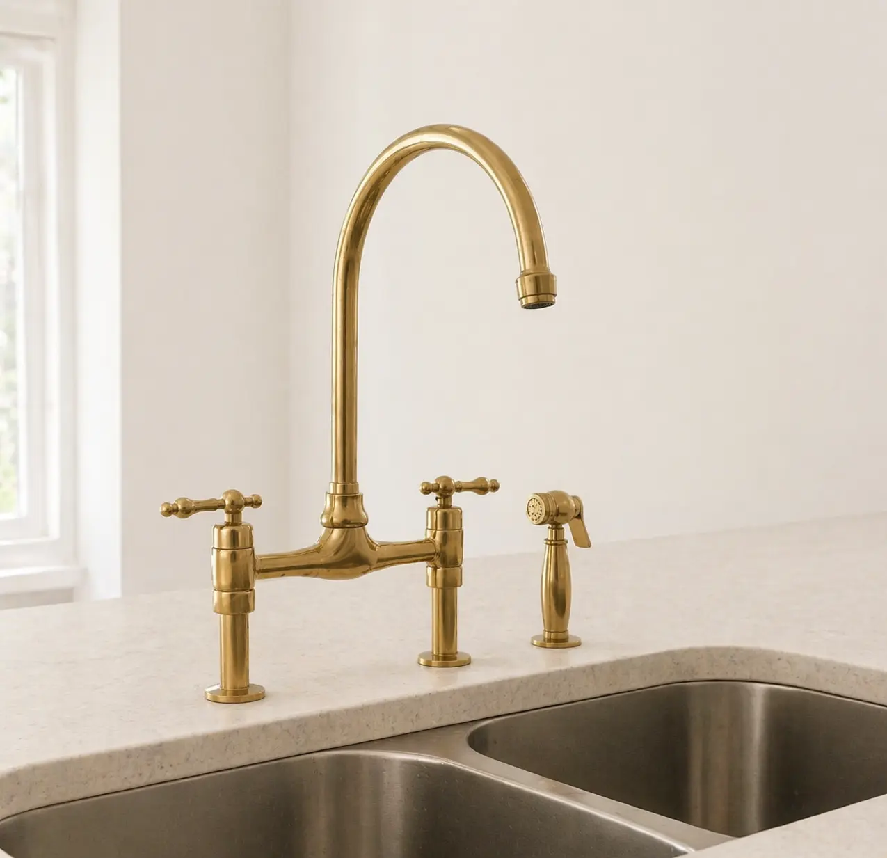 Unlacquered Brass Bridge Kitchen Faucet