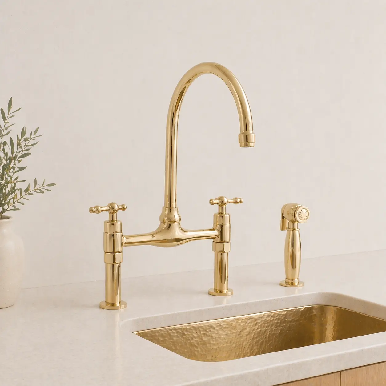 Unlacquered Brass Bridge Kitchen Faucet
