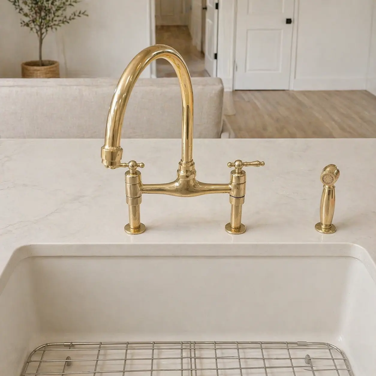 Unlacquered Brass Bridge Kitchen Faucet