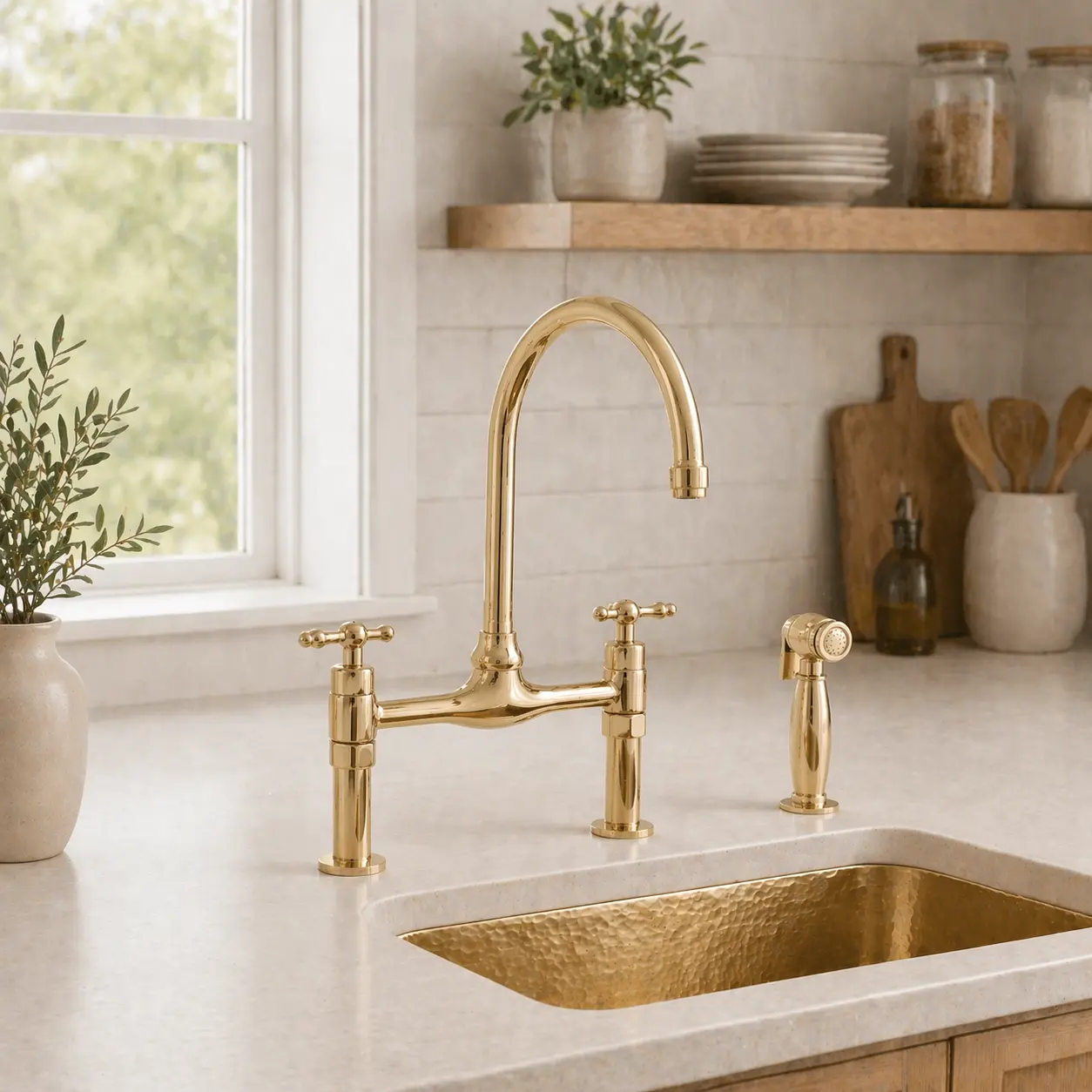Unlacquered Brass Bridge Kitchen Faucet