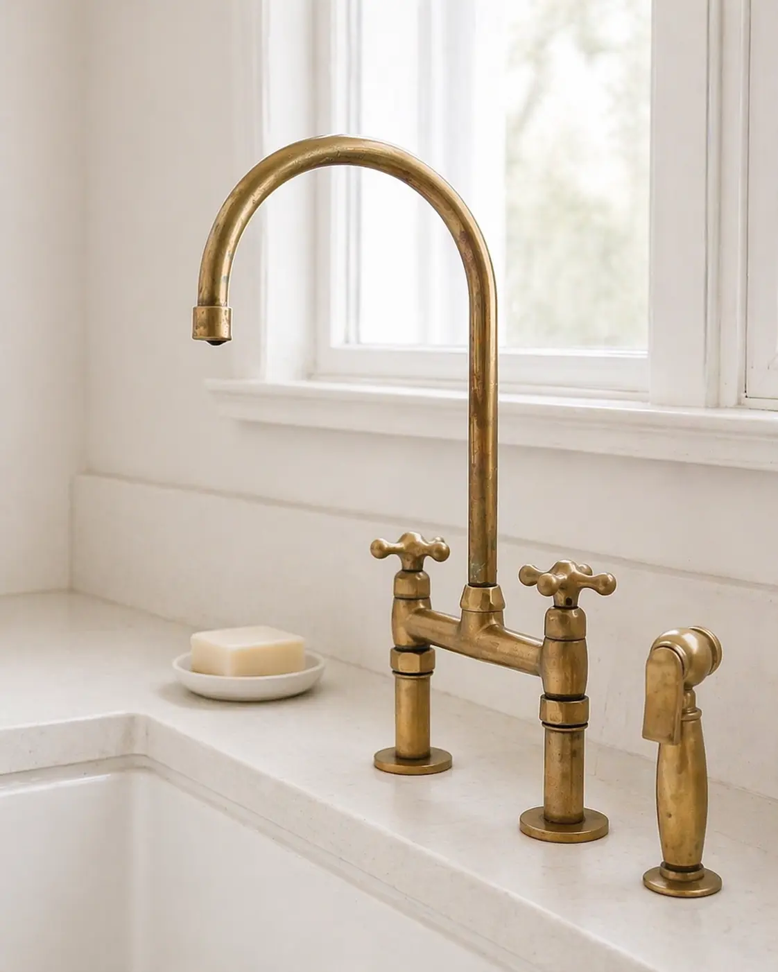 Moroccan Handmade Unlacquered Brass Bridge Kitchen Faucet