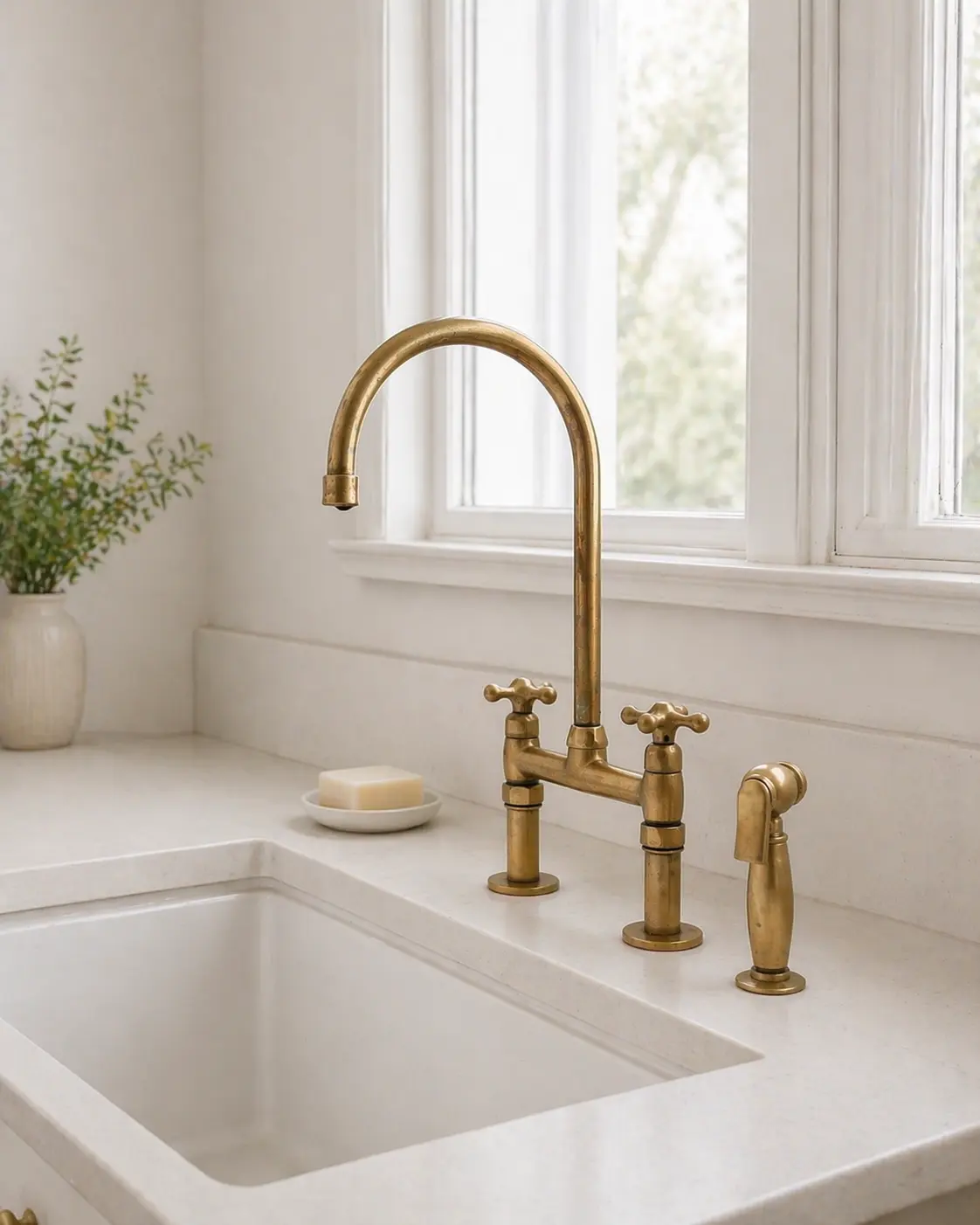 Moroccan Handmade Unlacquered Brass Bridge Kitchen Faucet