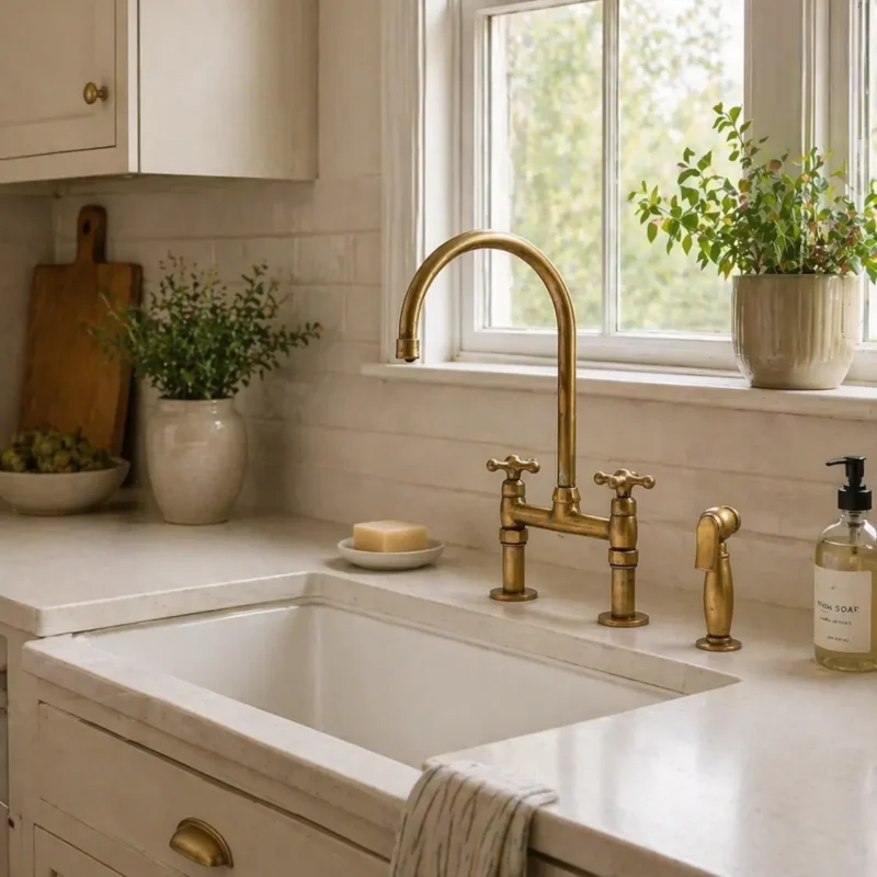 Moroccan handmade unlacquered brass bridge kitchen faucet with side sprayer installed above a white farmhouse sink.