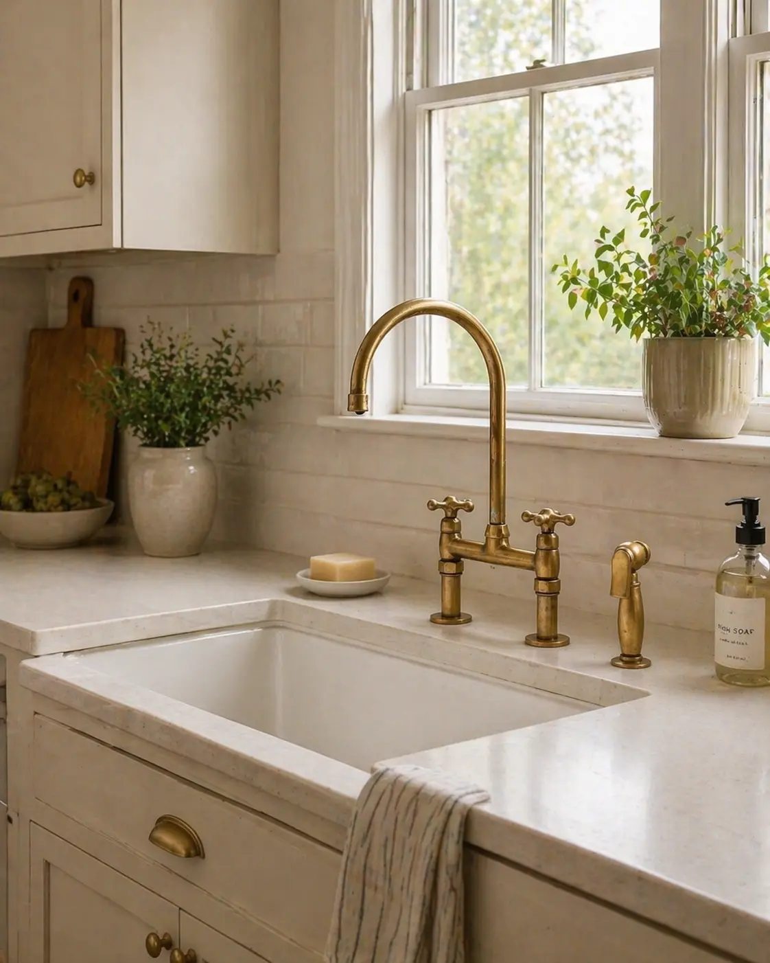 Moroccan handmade unlacquered brass bridge kitchen faucet with side sprayer installed above a white farmhouse sink.