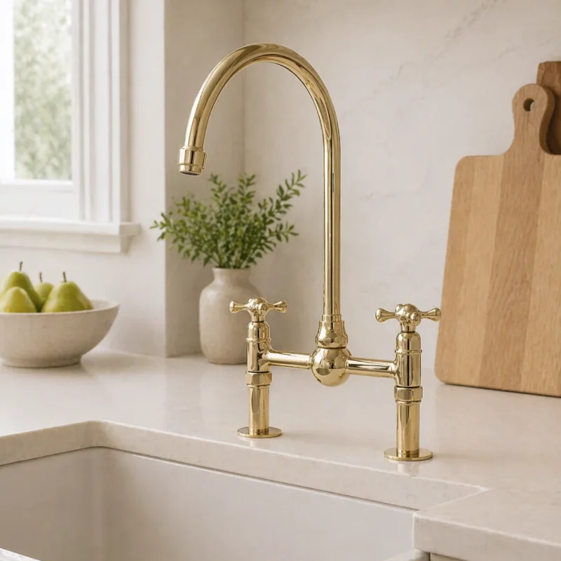 Moroccan Handmade Unlacquered Brass Kitchen Bridge Faucet
