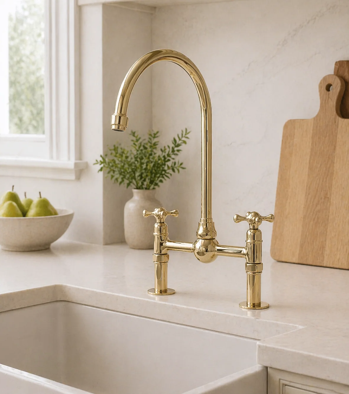 Moroccan Handmade Unlacquered Brass Kitchen Bridge Faucet