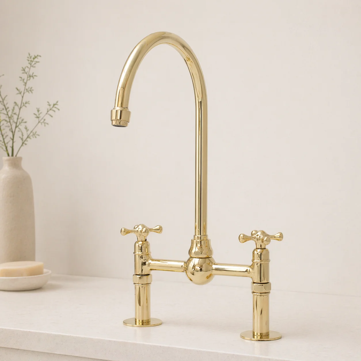 Moroccan Handmade Unlacquered Brass Kitchen Bridge Faucet