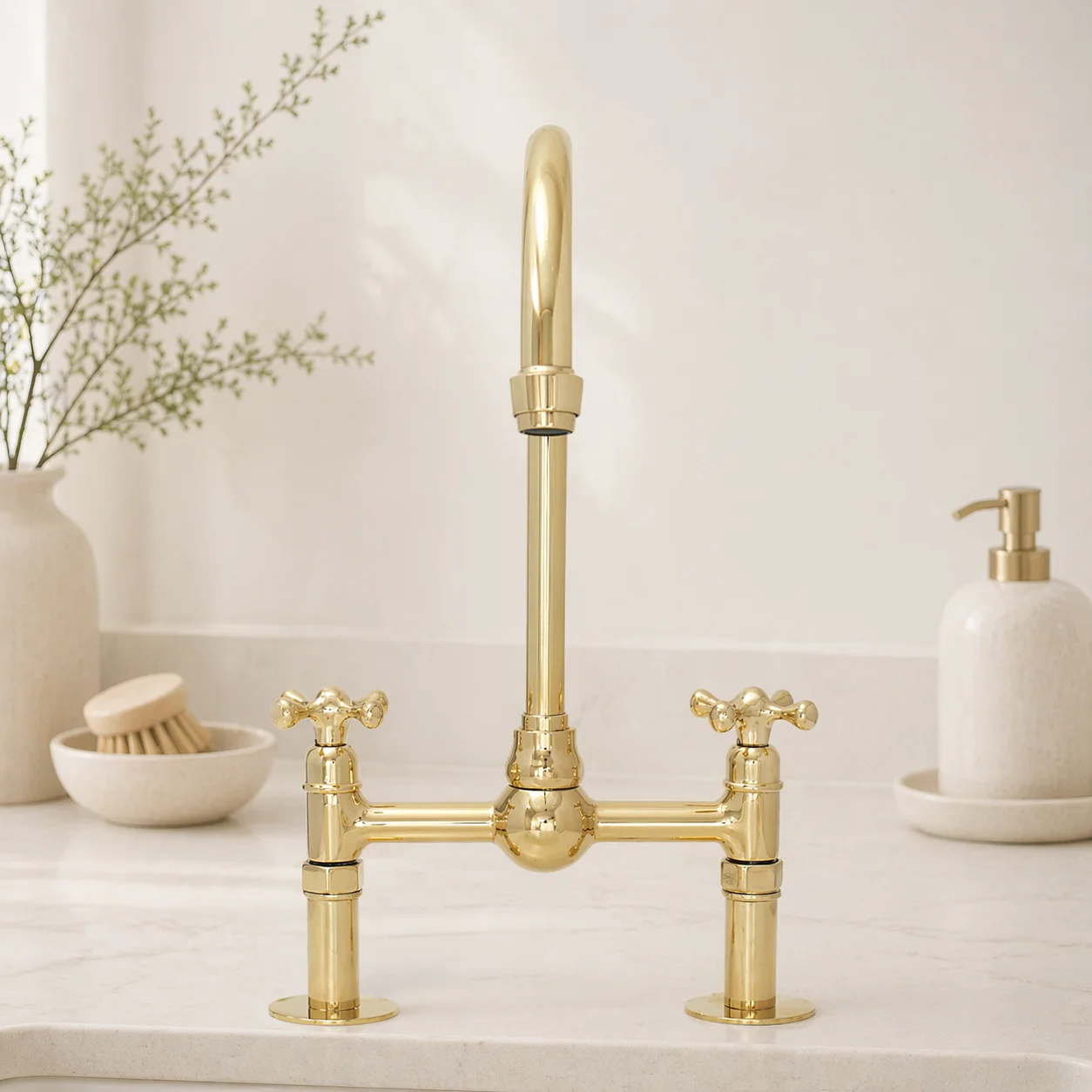 Moroccan Handmade Unlacquered Brass Kitchen Bridge Faucet