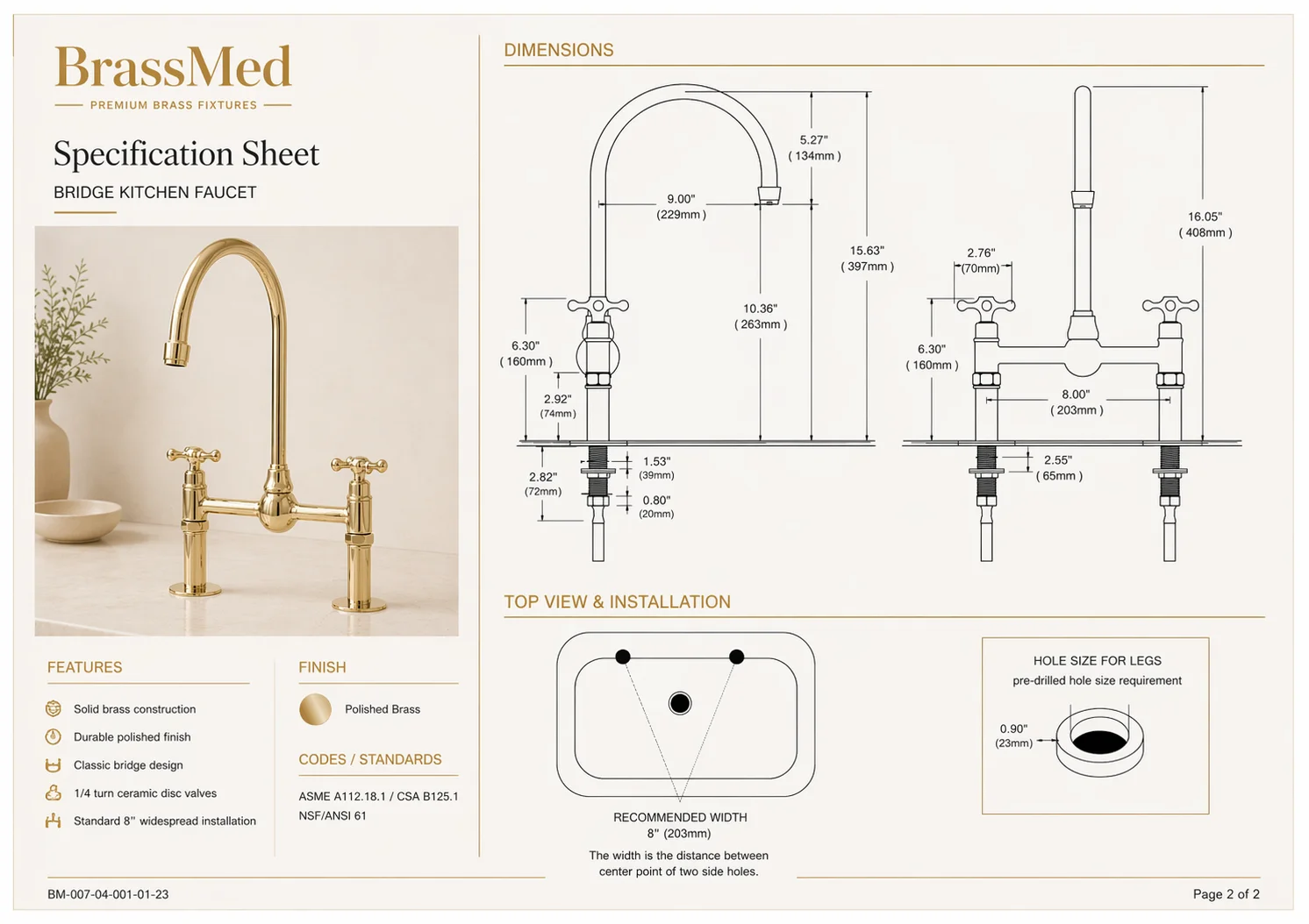 Moroccan Handmade Unlacquered Brass Kitchen Bridge Faucet