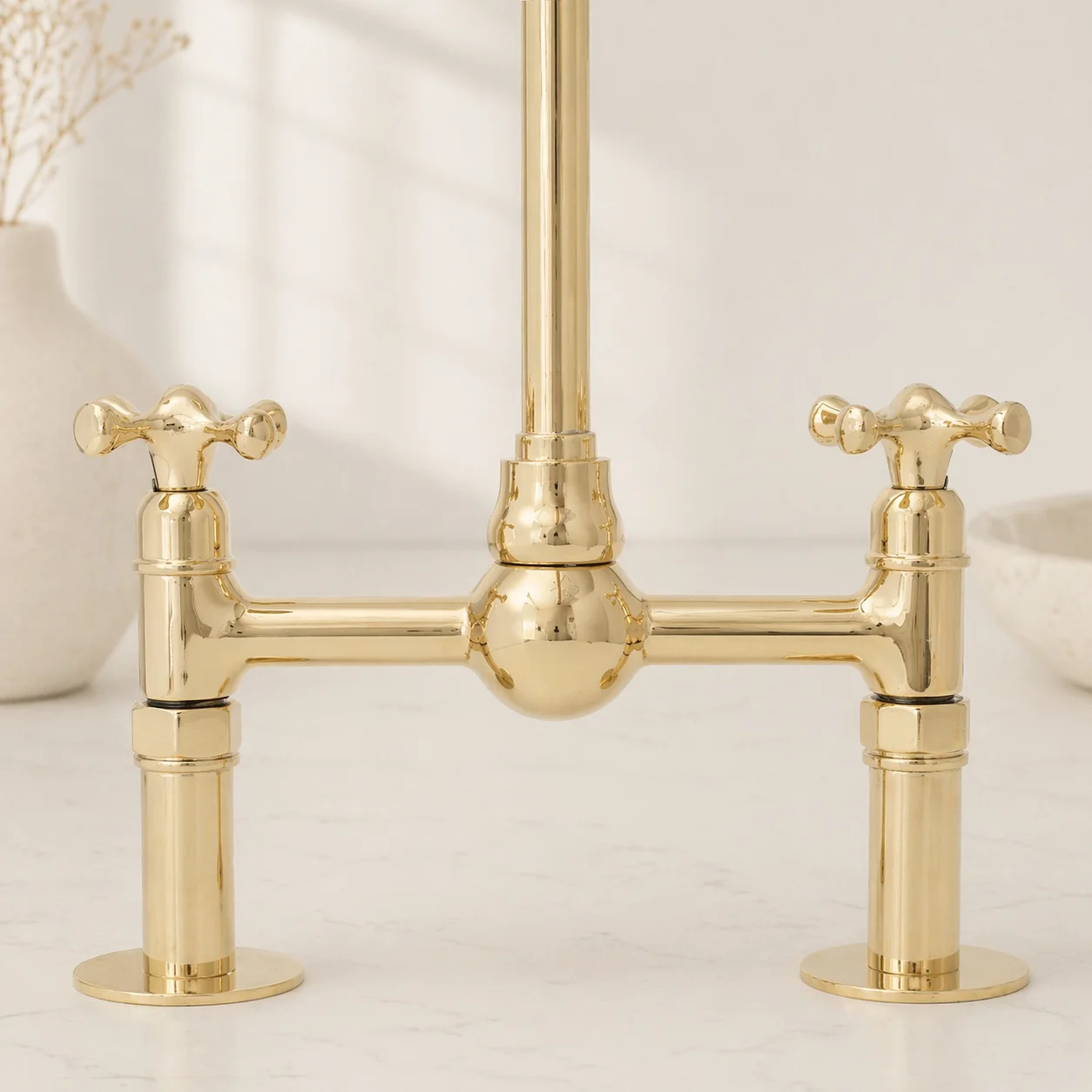 Moroccan Handmade Unlacquered Brass Kitchen Bridge Faucet