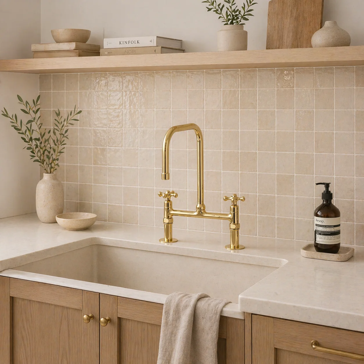 Handmade Moroccan unlacquered solid brass bridge kitchen faucet with dual cross handles and high-arc swivel spout installed on a light stone countertop.
