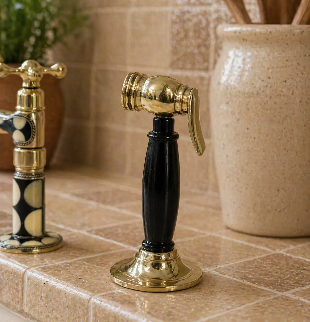 2-Hole Moroccan Brass Bridge Kitchen Faucet with Bone & Black Resin | Handmade Bridge Faucet - Image 5