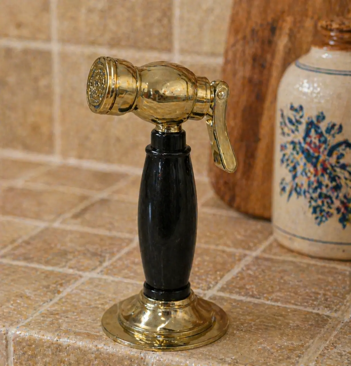 2-Hole Moroccan Brass Bridge Kitchen Faucet with Bone & Black Resin | Handmade Bridge Faucet - Image 2