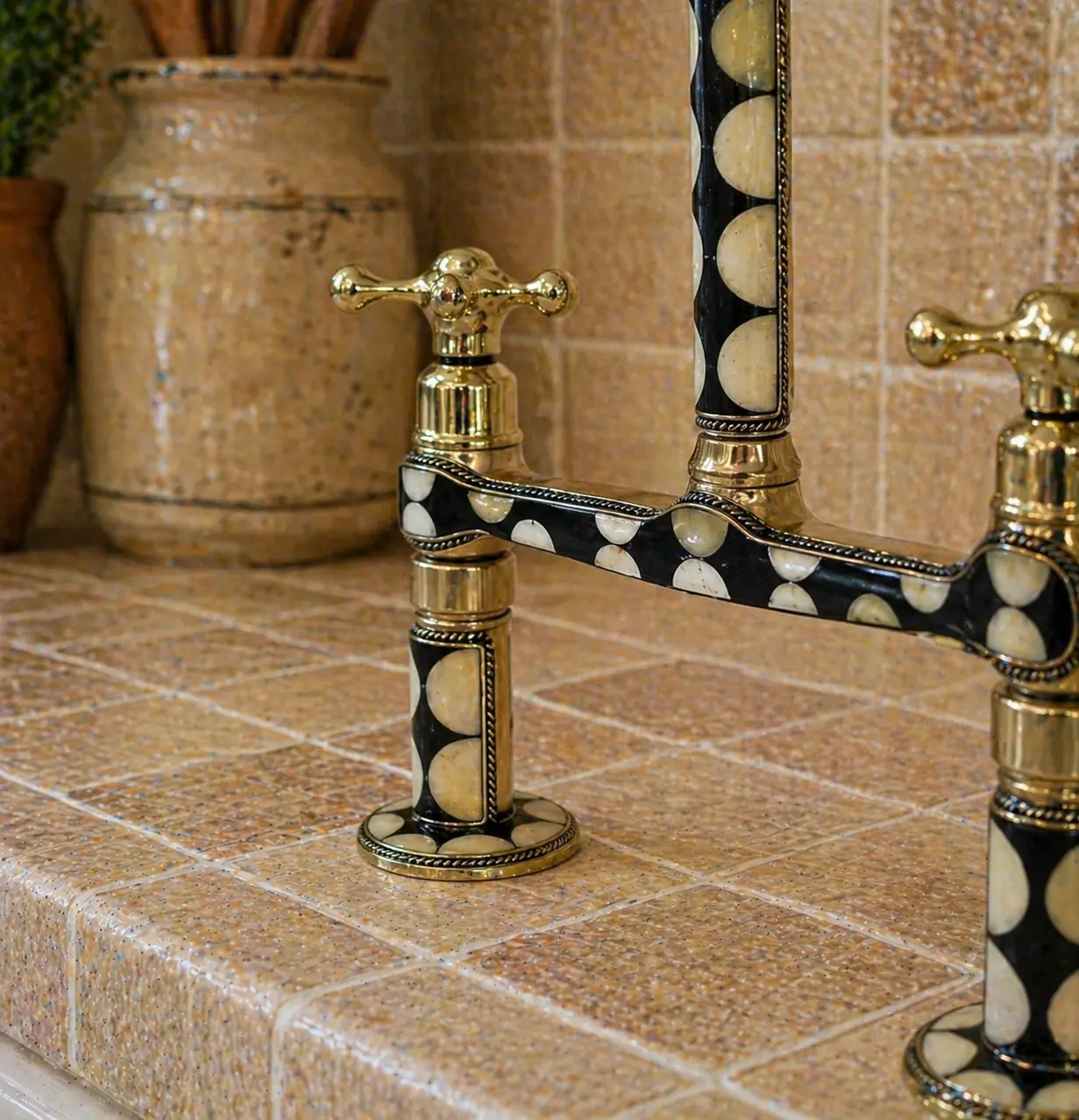 2-Hole Moroccan Brass Bridge Kitchen Faucet with Bone & Black Resin | Handmade Bridge Faucet - Image 3