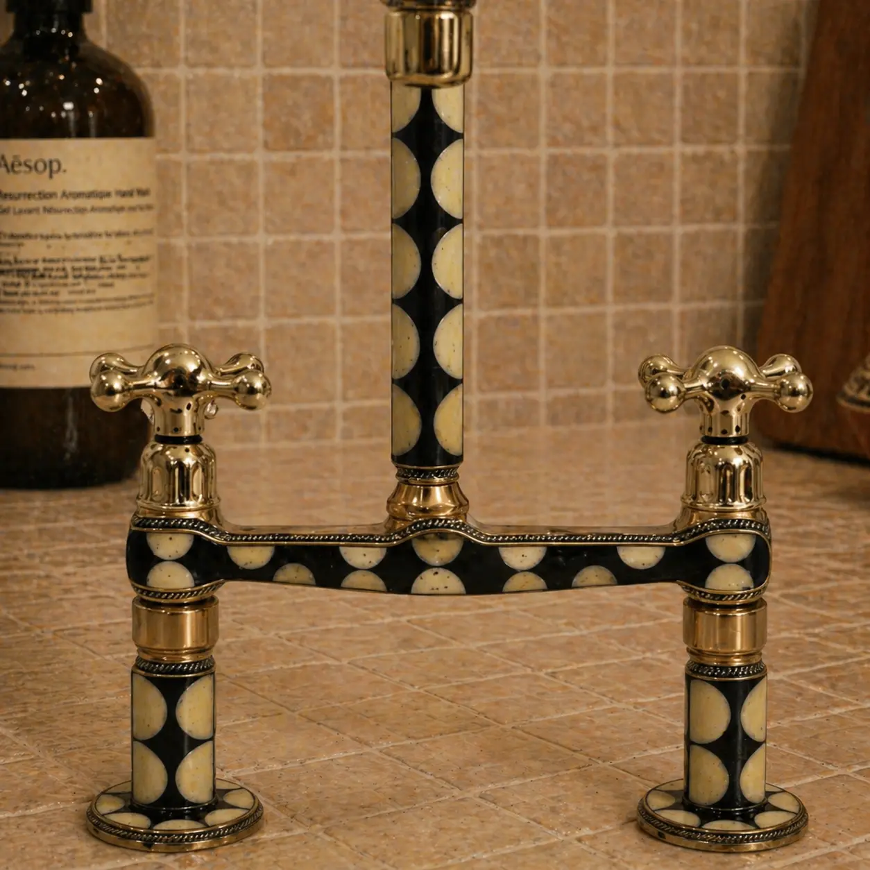2-Hole Moroccan Brass Bridge Kitchen Faucet with Bone & Black Resin | Handmade Bridge Faucet - Image 6