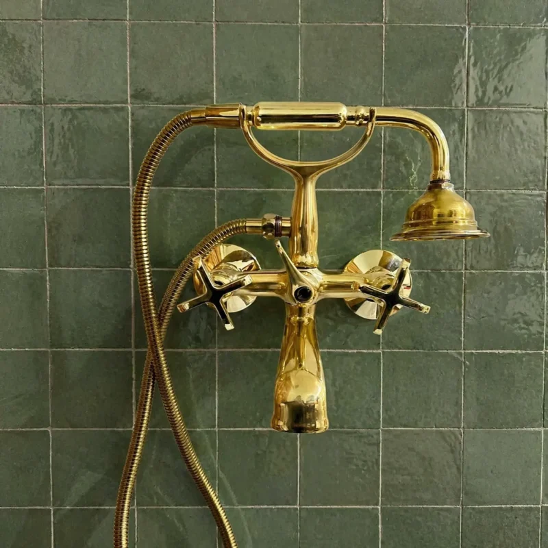 Unlacquered Brass Wall Mount Tub Faucet with Hand Shower