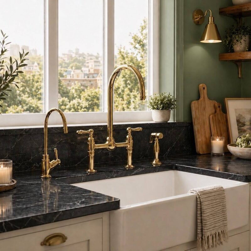Unlacquered Brass Bridge Kitchen Faucet with Side Sprayer & Cold Water Faucet – Solid Brass Farmhouse Mixer Tap