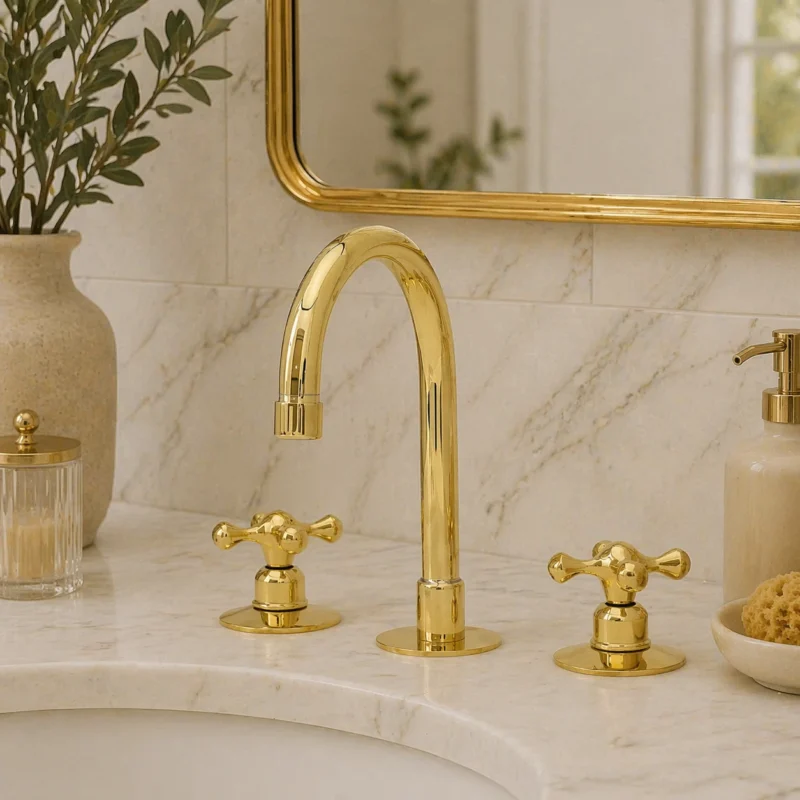 Unlacquered Brass Widespread Bathroom Sink Faucet – 3 Hole Antique Brass Vanity Faucet with Cross Handles