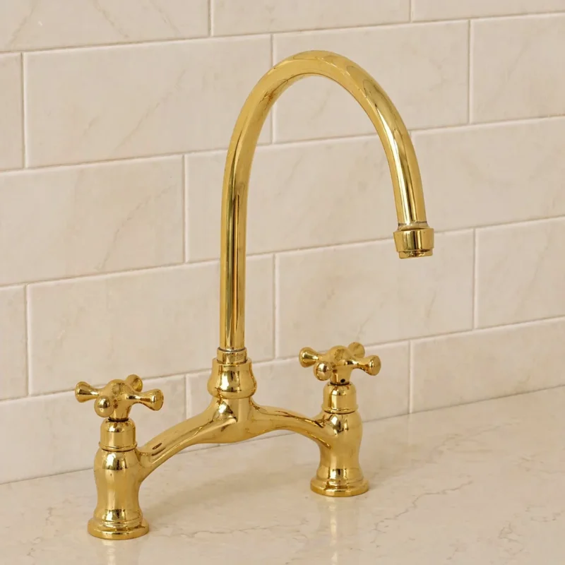 Unlacquered Brass Bridge Kitchen Faucet | Traditional Gooseneck Mixer Tap