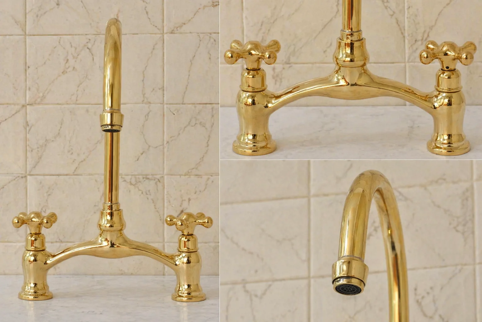 Unlacquered Brass Bridge Kitchen Faucet with High Arc Gooseneck Spout and Cross Handles