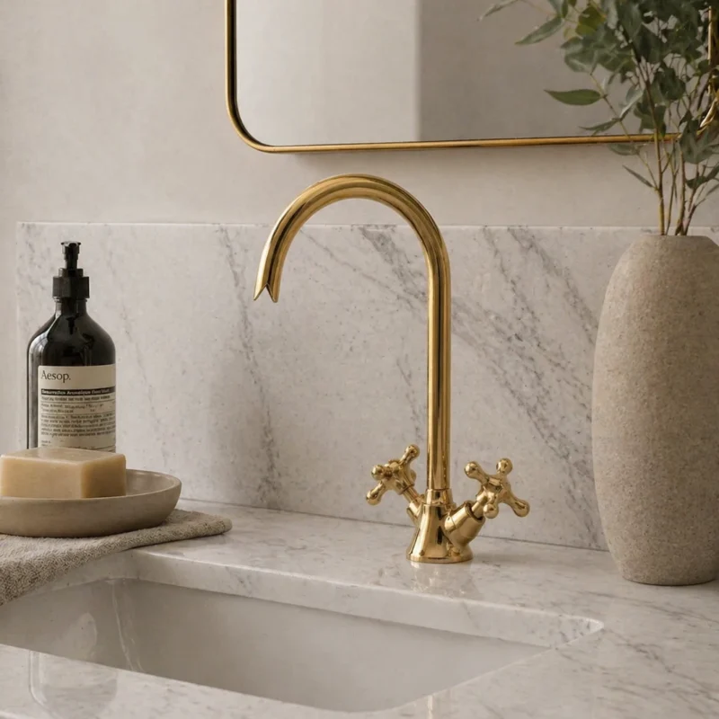 Unlacquered Brass Vanity Sink Faucet – Antique Brass Single Hole Bathroom Faucet with Cross Handles