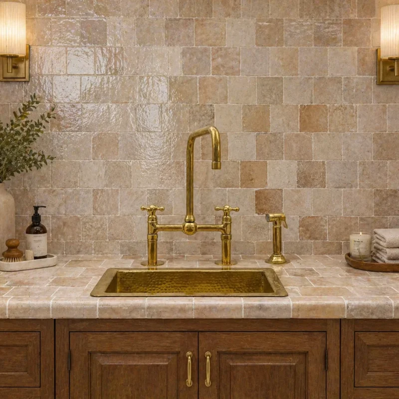 Unlacquered Brass Bridge Kitchen Faucet with Side Sprayer – Solid Brass Deck Mount Mixer Tap