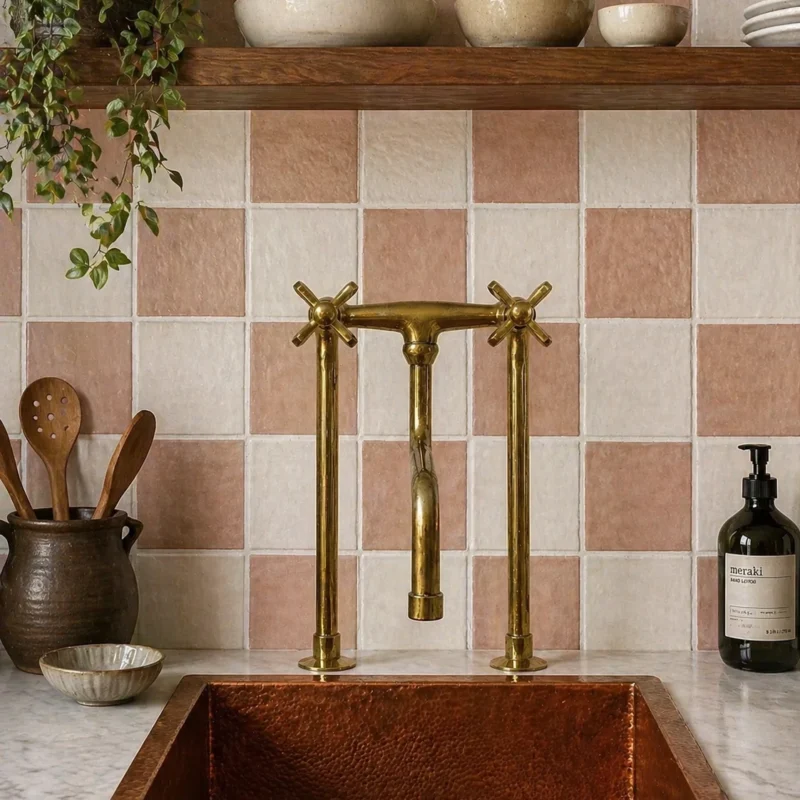 Solid Brass Bridge Kitchen Faucet – Vintage Deck Mounted Mixer Tap with Cross Handles