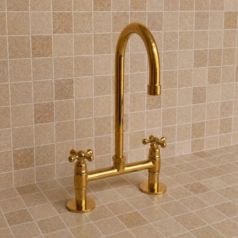 Moroccan Handmade Solid Brass Bridge Kitchen Faucet – Luxury Vintage Double Handle Sink Mixer Tap