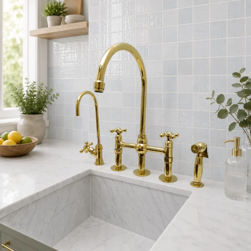 Unique Handmade Moroccan Brass Bridge Kitchen Faucet with Side Sprayer & Drinking Water Faucet – Luxury Solid Brass Sink Mixer Tap