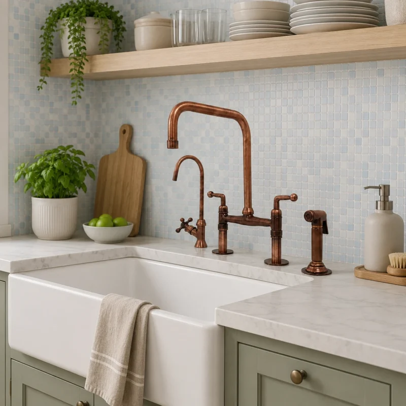 Moroccan Handmade Copper Bridge Kitchen Faucet with Side Sprayer – Luxury Solid Copper Sink Mixer Tap