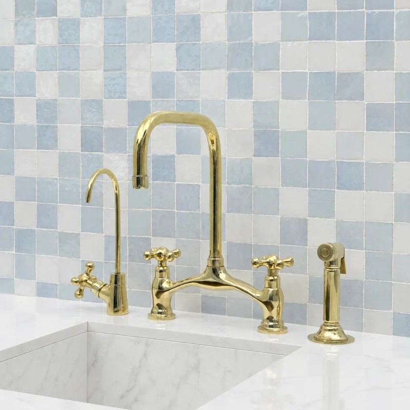 Unlacquered Brass Bridge Kitchen Faucet with Side Sprayer & Drinking Water Faucet – Solid Brass Deck Mount