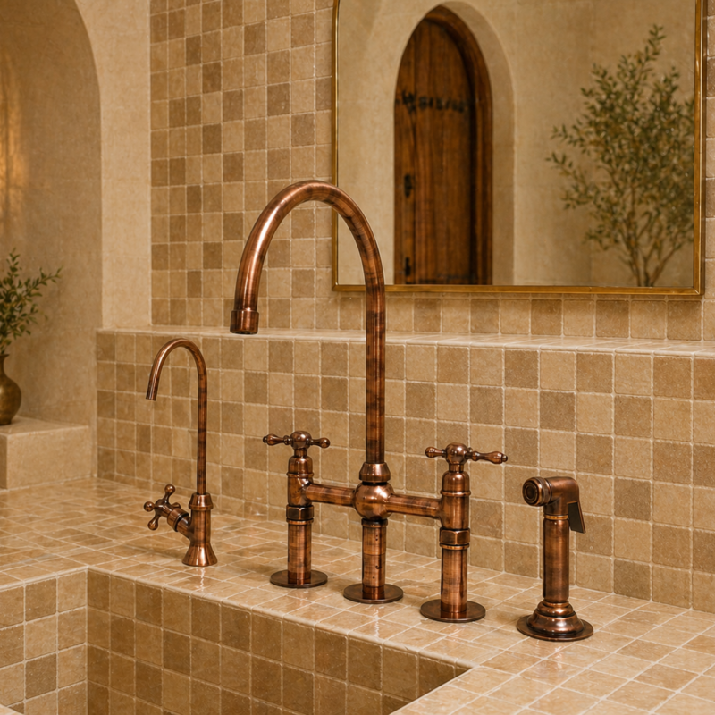 Handmade Solid Copper Bridge Kitchen Faucet with Side Sprayer