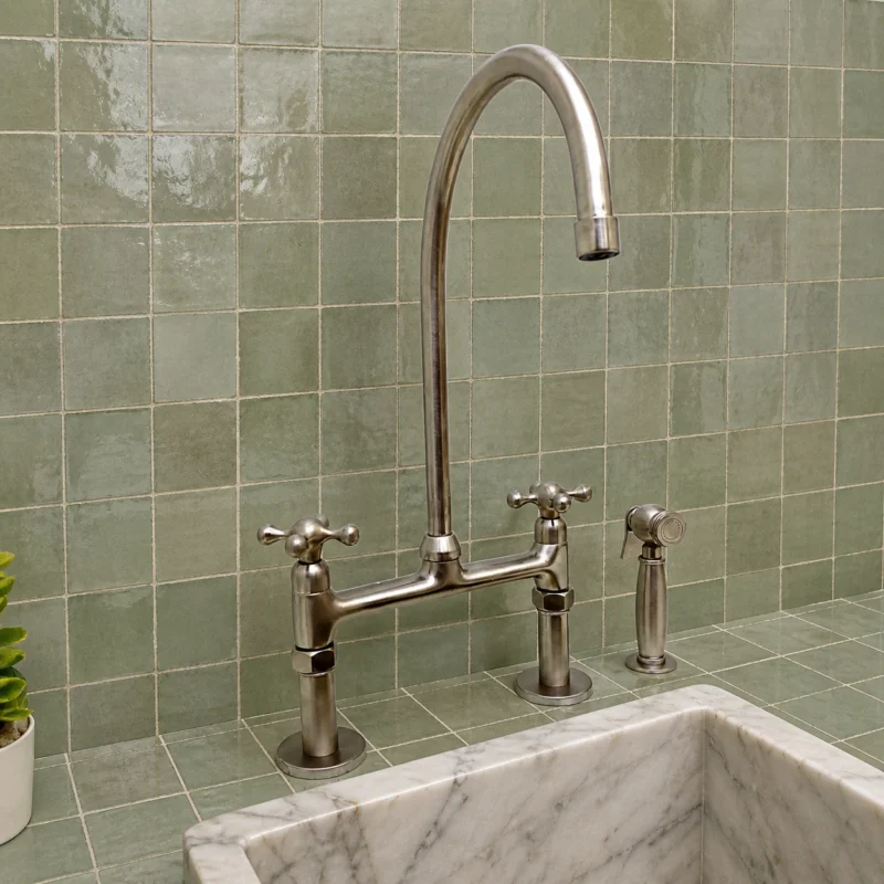 Moroccan Handmade Nickel Brass Bridge Kitchen Faucet with Side Sprayer