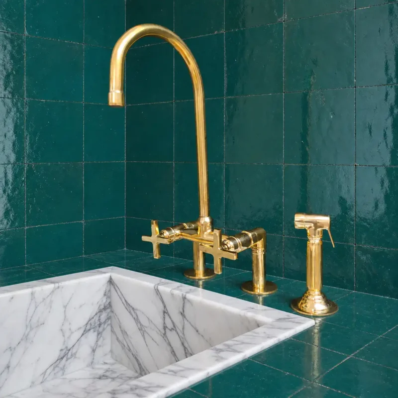 Solid Brass Bridge Kitchen Faucet with Side Sprayer – Luxury Gold Finish