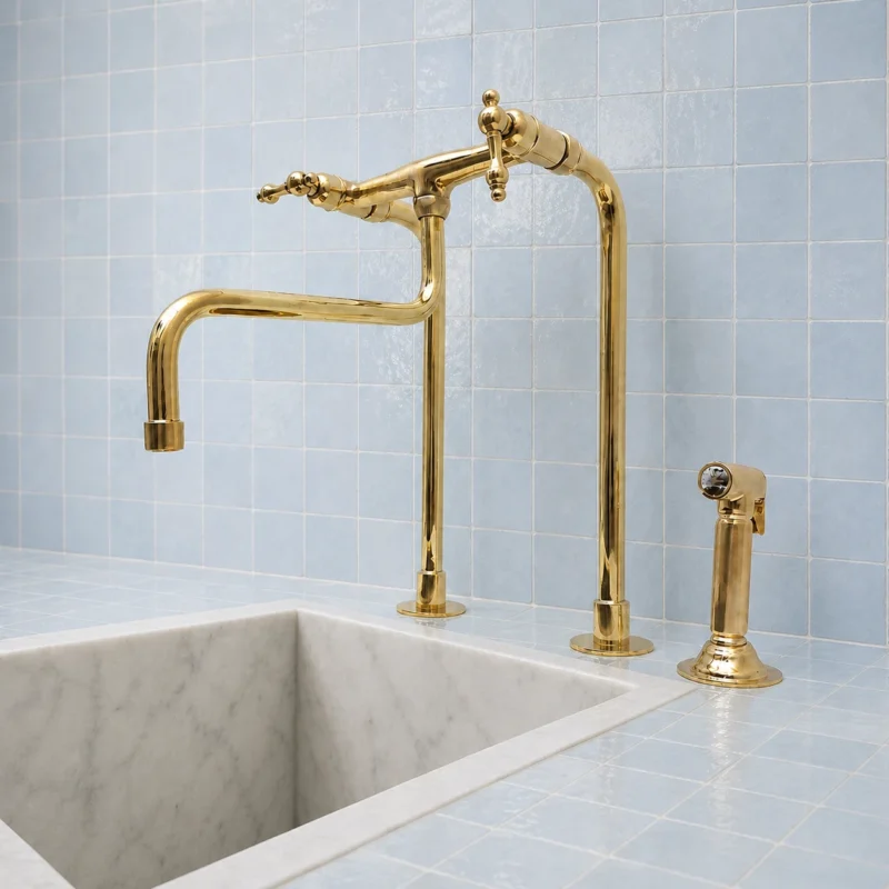 Handmade Solid Copper Bridge Kitchen Faucet with Luxury Brass Finish