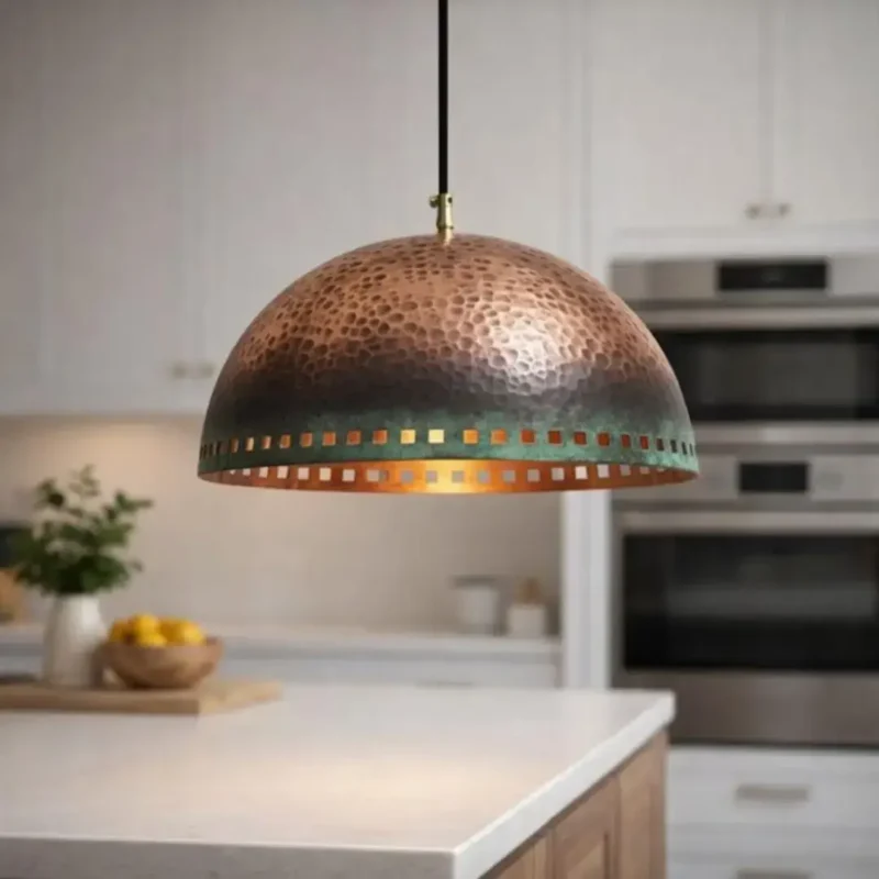 Handmade Hammered Copper Dome Pendant Light with Green Patina | Moroccan Kitchen Island Ceiling Lamp