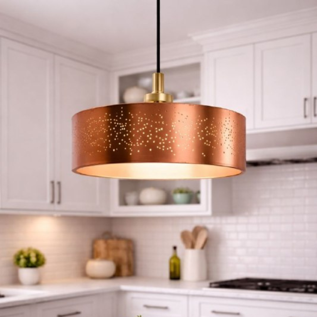 Luxury Copper Drum Pendant Light – Modern Perforated Hanging Ceiling Lamp for Kitchen, Dining Room & Living Room