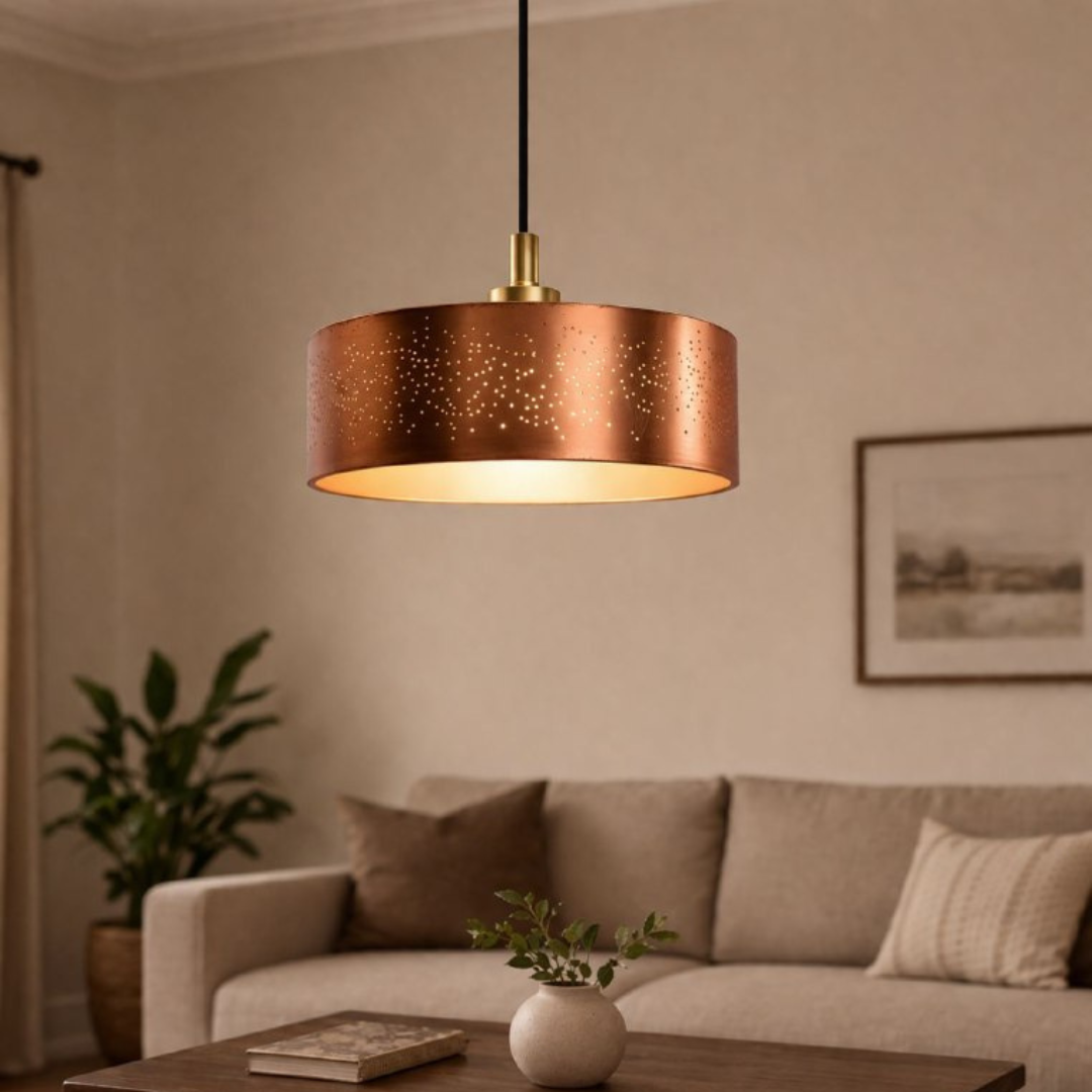 Luxury Copper Drum Pendant Light – Modern Perforated Hanging Ceiling Lamp for Kitchen, Dining Room & Living Room - Image 4