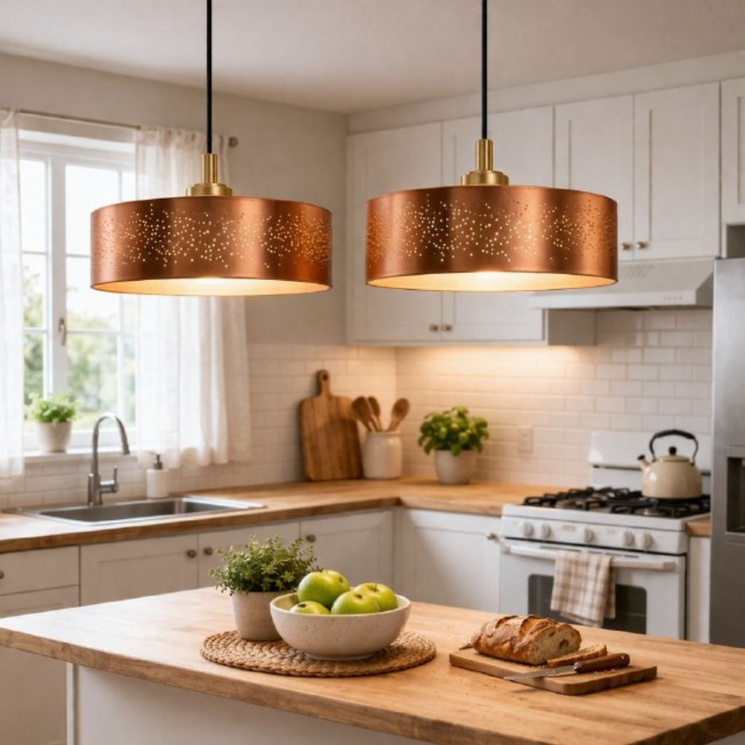 Luxury Copper Drum Pendant Light – Modern Perforated Hanging Ceiling Lamp for Kitchen, Dining Room & Living Room - Image 5