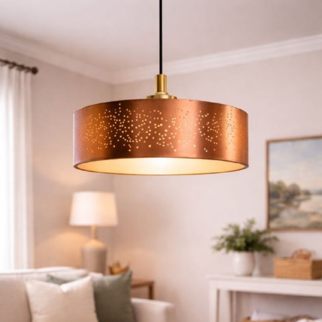 Luxury Copper Drum Pendant Light – Modern Perforated Hanging Ceiling Lamp for Kitchen, Dining Room & Living Room - Image 7