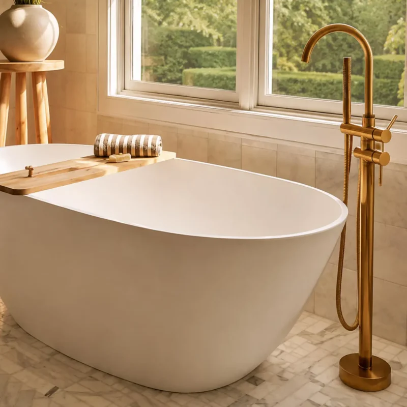 Unlacquered Solid Brass Freestanding Tub Filler with Handheld Shower
